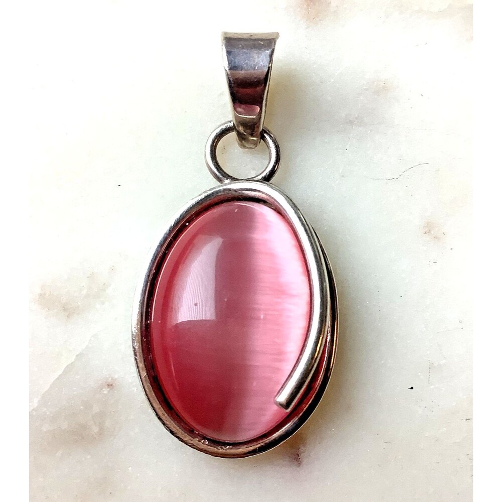 Pink Sterling Pendant 925 Mexico Iridescent Stone Heavy Silver Necklace Charm